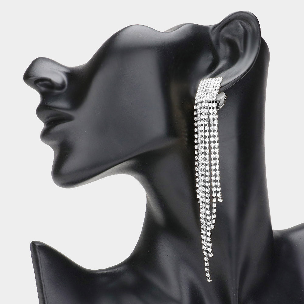 Clear Rhinestone Pave Fringe Clip On Pageant Earrings  | Clip On Rhinestone Fashion Earrings