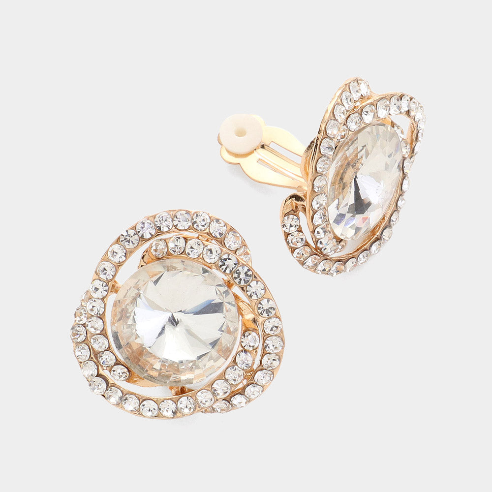 Round Crystal Stone and Rhinestone Accented Clip On Pageant Earrings on Gold | Clip On Interview Earrings 