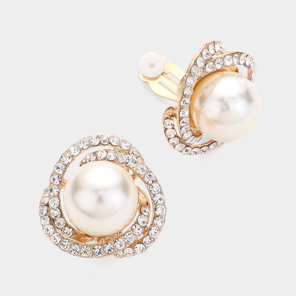 Round Cream Pearl and Rhinestone Accented Clip On Pageant Earrings on Gold | Clip On Interview Earrings 