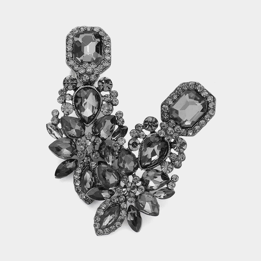 Multi Black Diamond Stone Cluster Chandelier Clip on Pageant Earrings | Prom Earrings