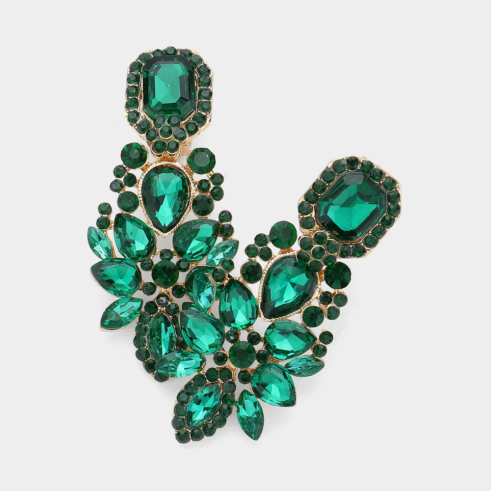 Multi Emerald Stone Cluster Chandelier Clip on Pageant Earrings | Prom Earrings