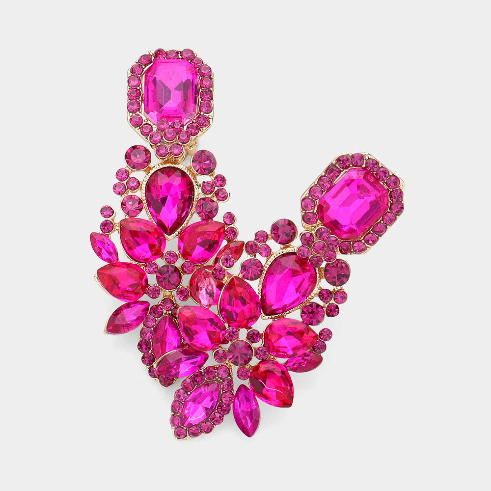 Multi Fuchsia Stone Cluster Chandelier Clip on Pageant Earrings | Prom Earrings