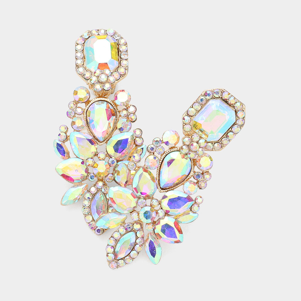 Multi AB Stone Cluster Chandelier  Clip on Pageant Earrings on Gold | Prom Earrings