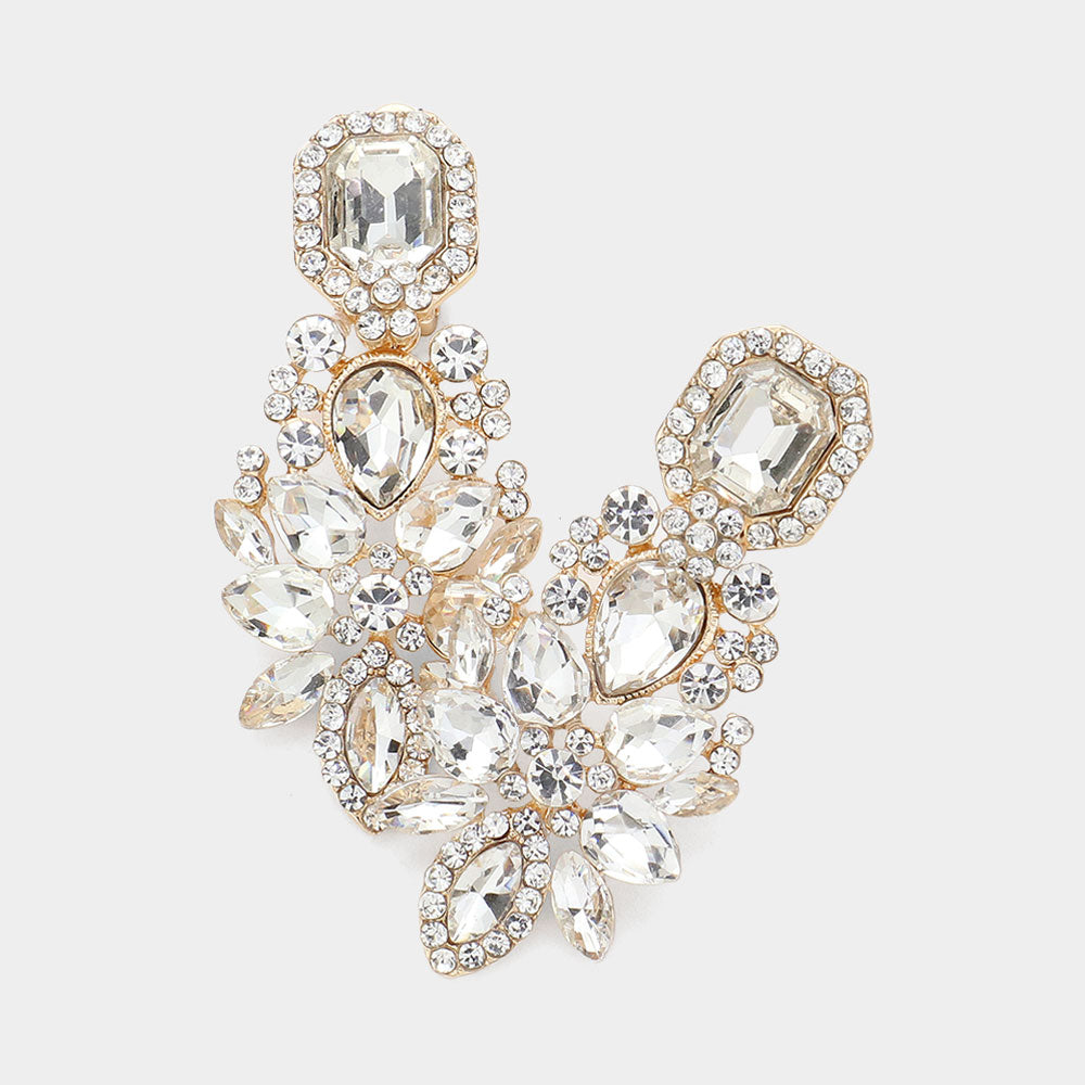 Multi Clear Stone Cluster Chandelier Clip on Pageant Earrings on Gold | Prom Earrings