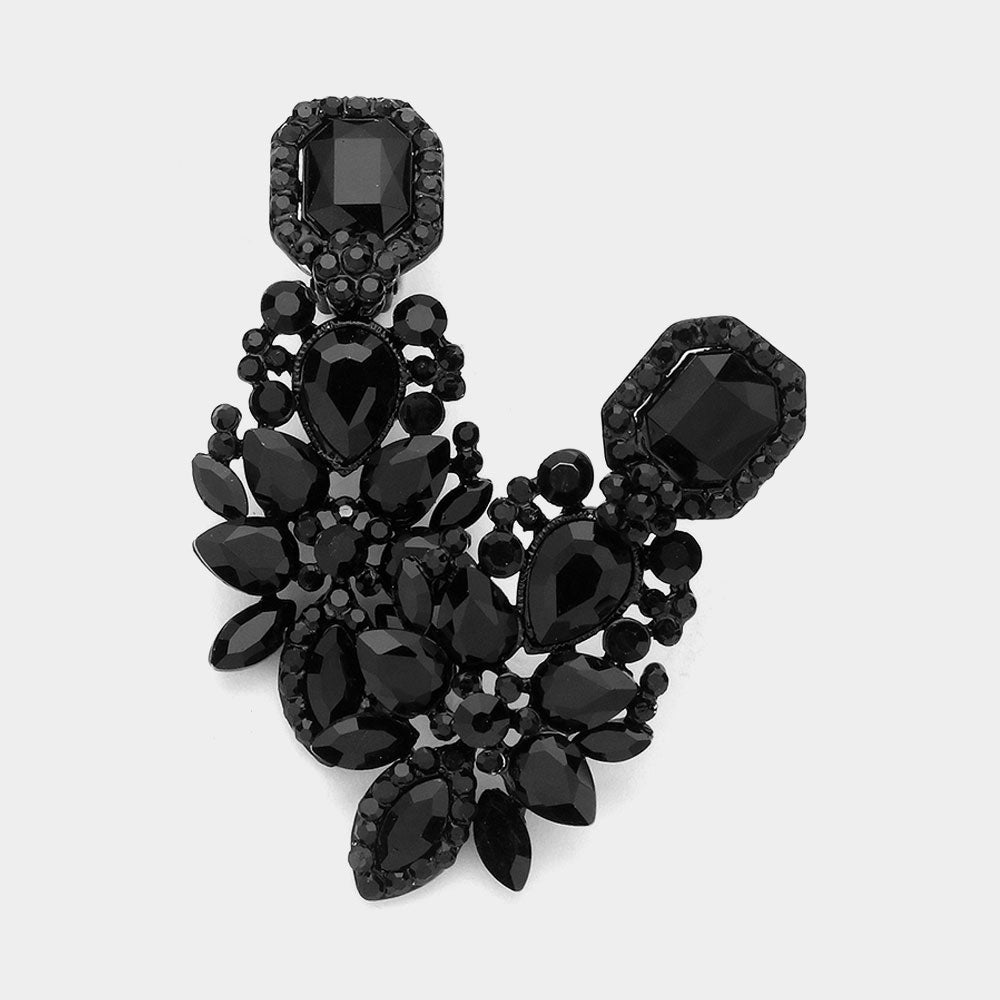 Multi Jet Black Stone Cluster Chandelier Clip on Pageant Earrings  | Prom Earrings