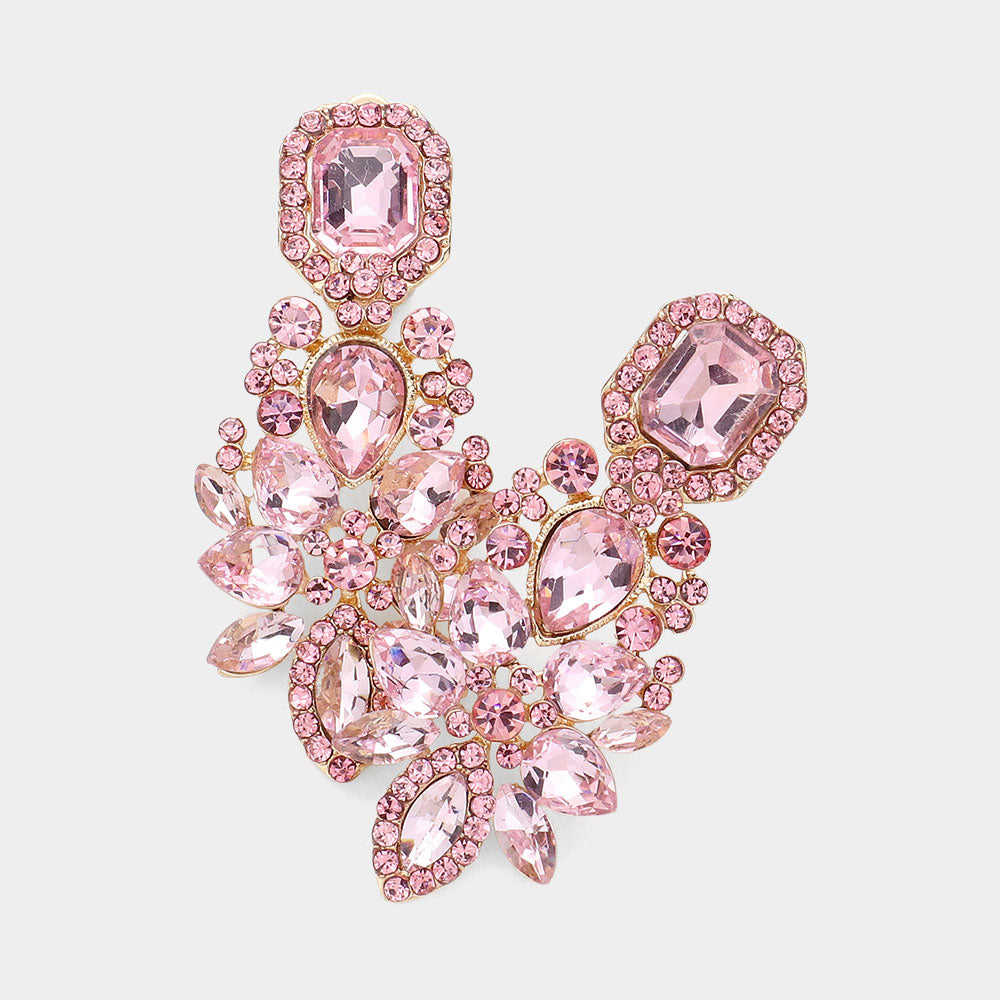 Multi Pink Stone Cluster Chandelier Clip on Pageant Earrings  | Prom Earrings