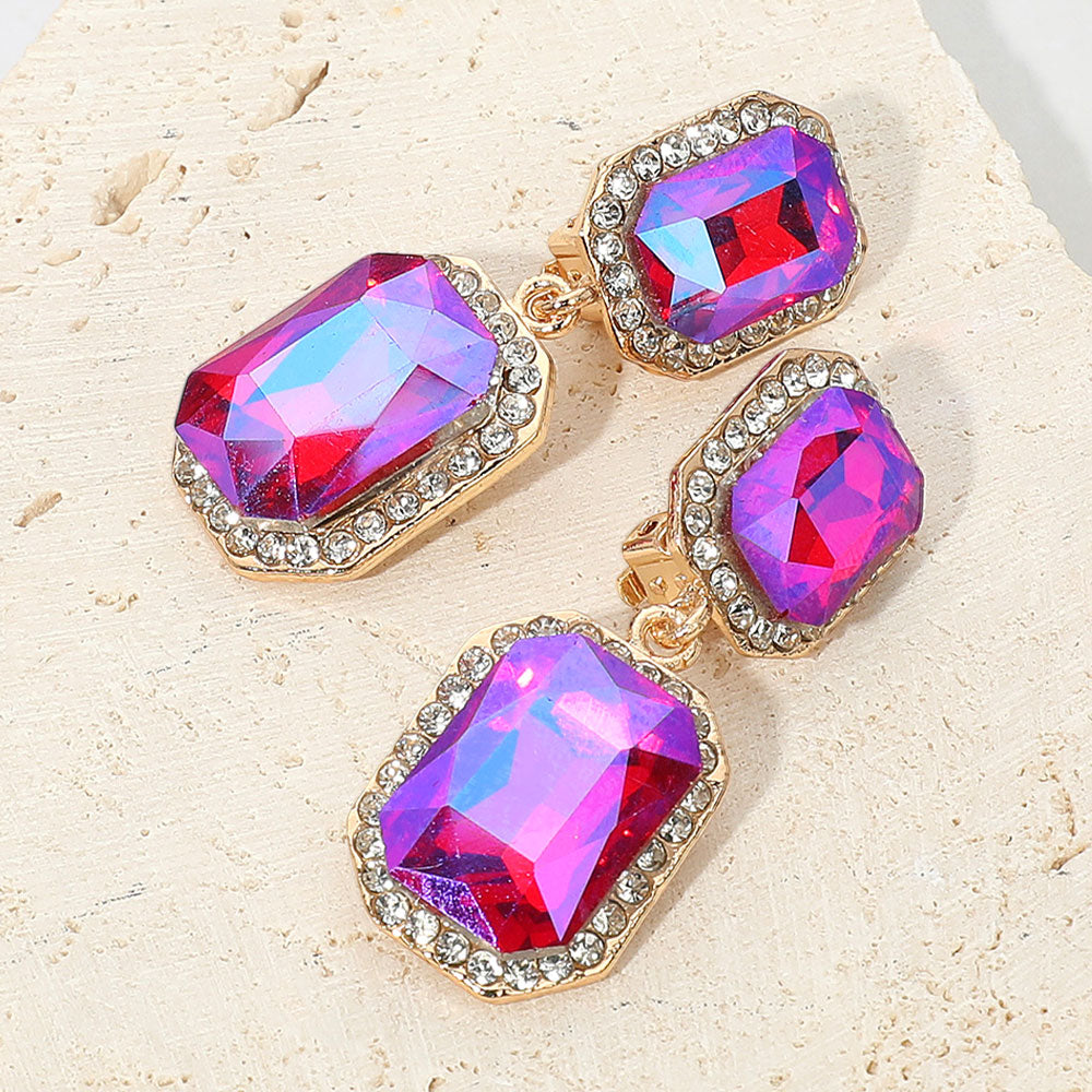 Fuchsia Double Rectangle Drop Clip On Pageant Earrings | Fuchsia Drop Earrings