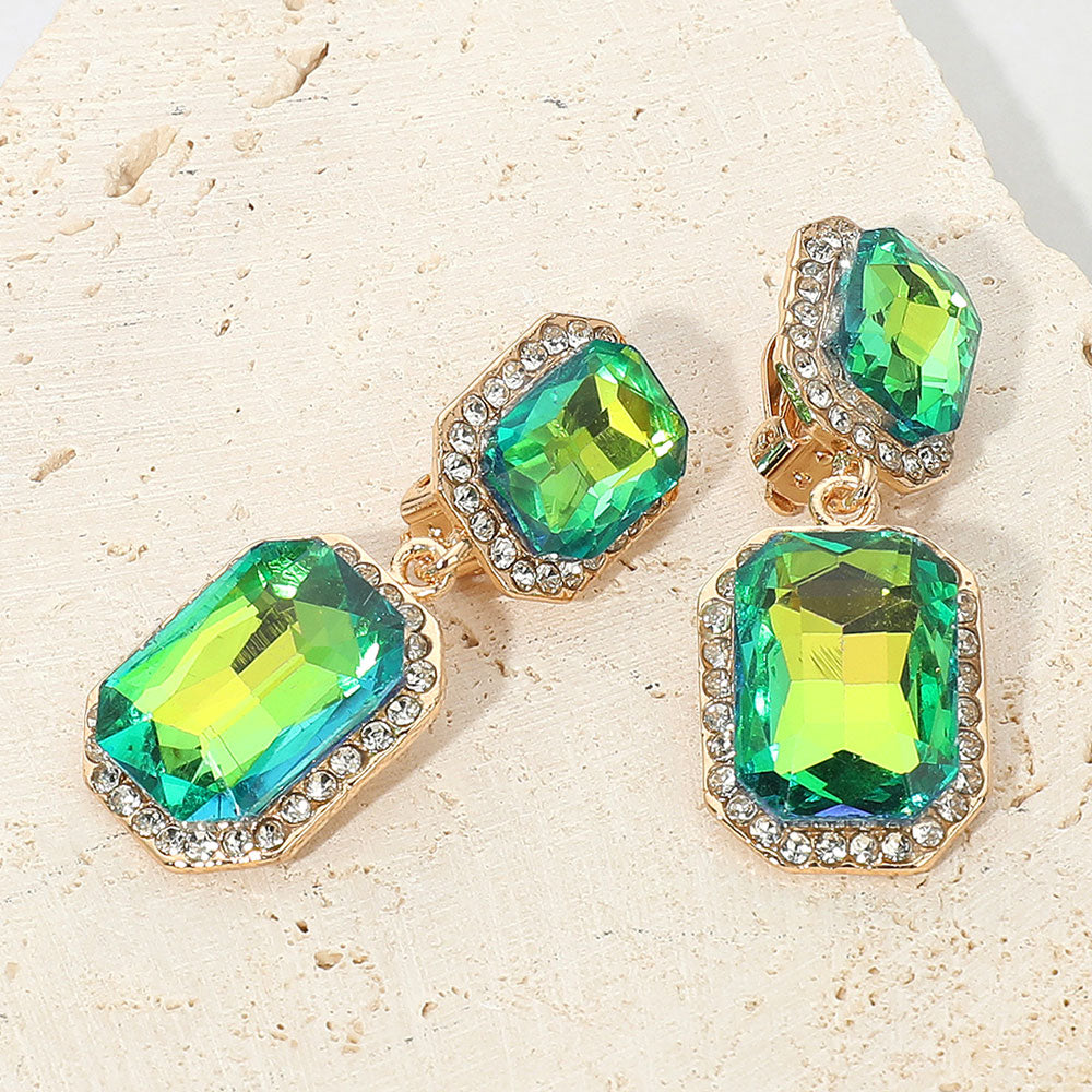 Green Double Rectangle Drop Clip On Pageant Earrings | Green Drop Earrings