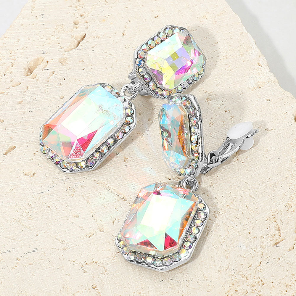 AB Double Rectangle Drop Clip On Pageant Earrings  | AB Drop Earrings