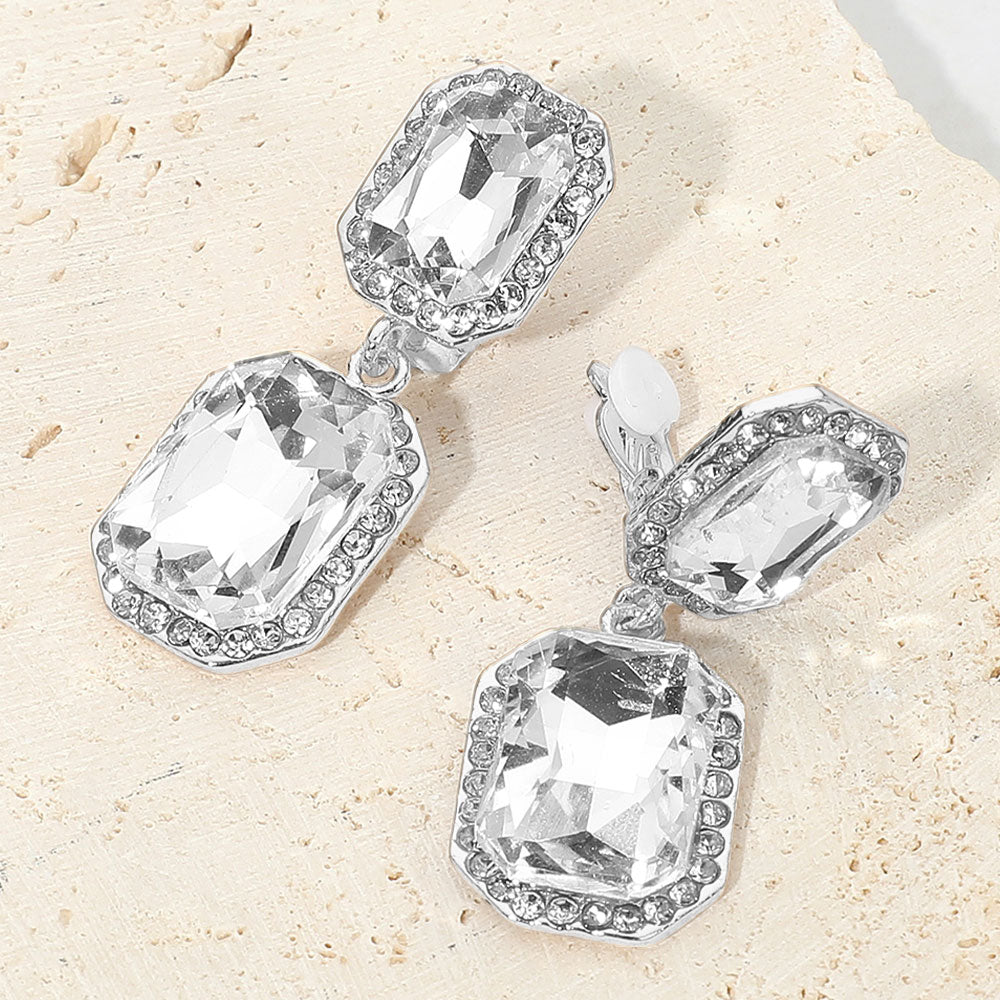 Clear Double Rectangle Drop Clip On Pageant Earrings  | Clear Drop Earrings