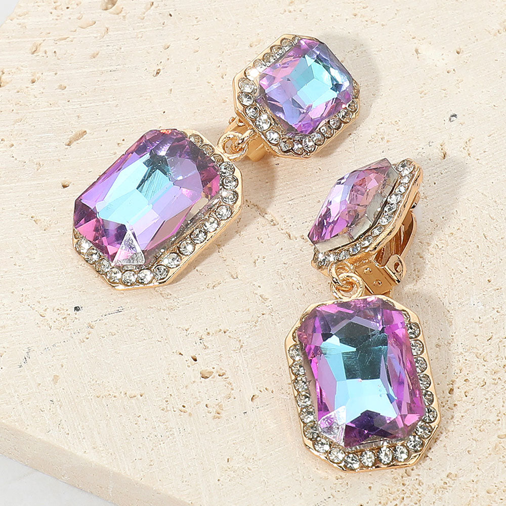 Violet Double Rectangle Drop Clip On Pageant Earrings | Purple Drop Earrings