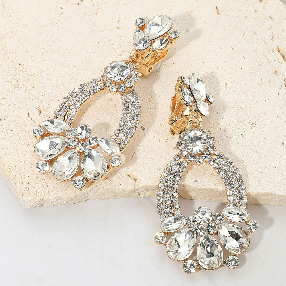 Clear Teardrop and Rhinestone Embellished Oval Open Circle Clip On Pageant Earrings on Gold | Clip On Clear Earrings