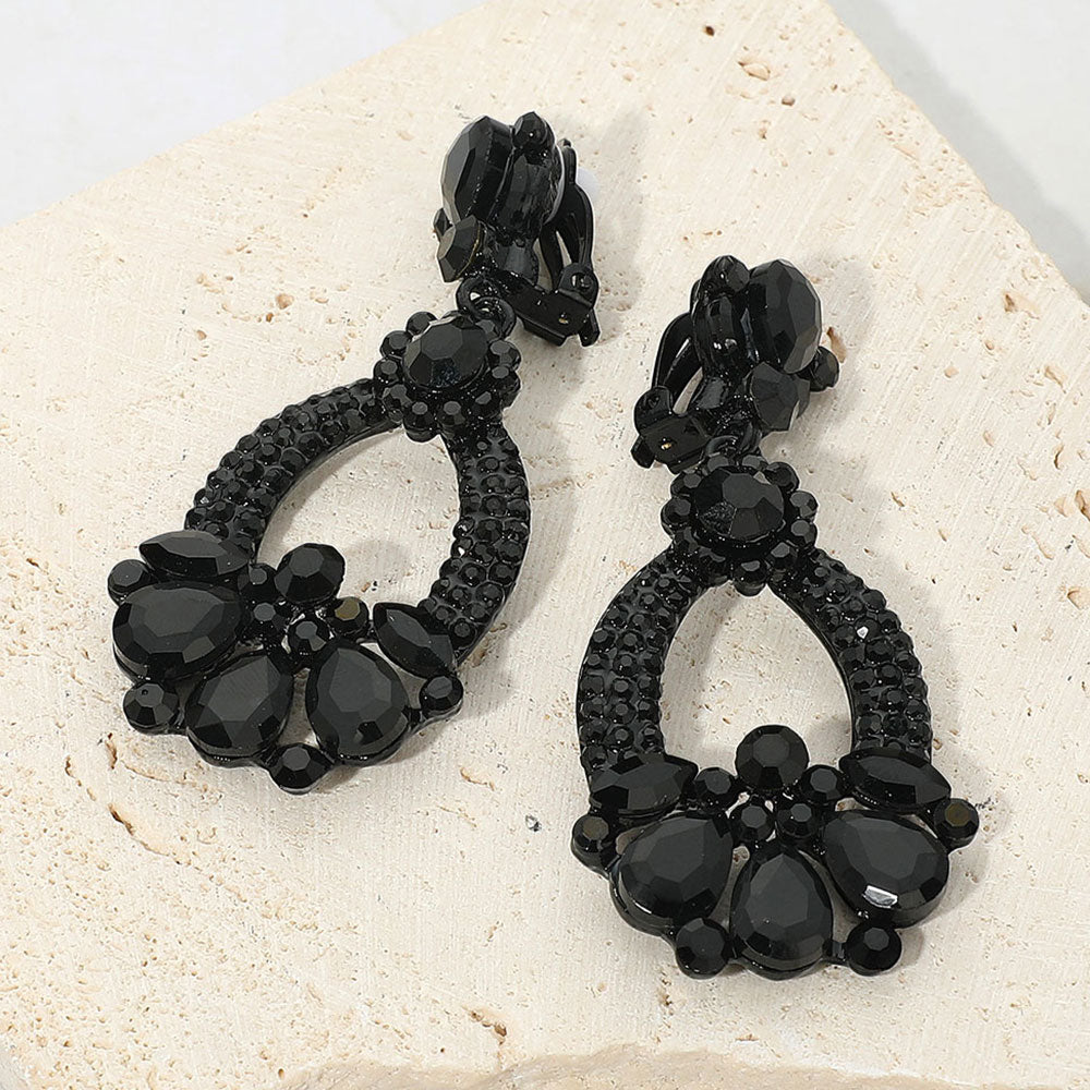 Black Teardrop and Rhinestone Embellished Oval Open Circle Clip On Pageant Earrings | Clip On Black Earrings |  668796