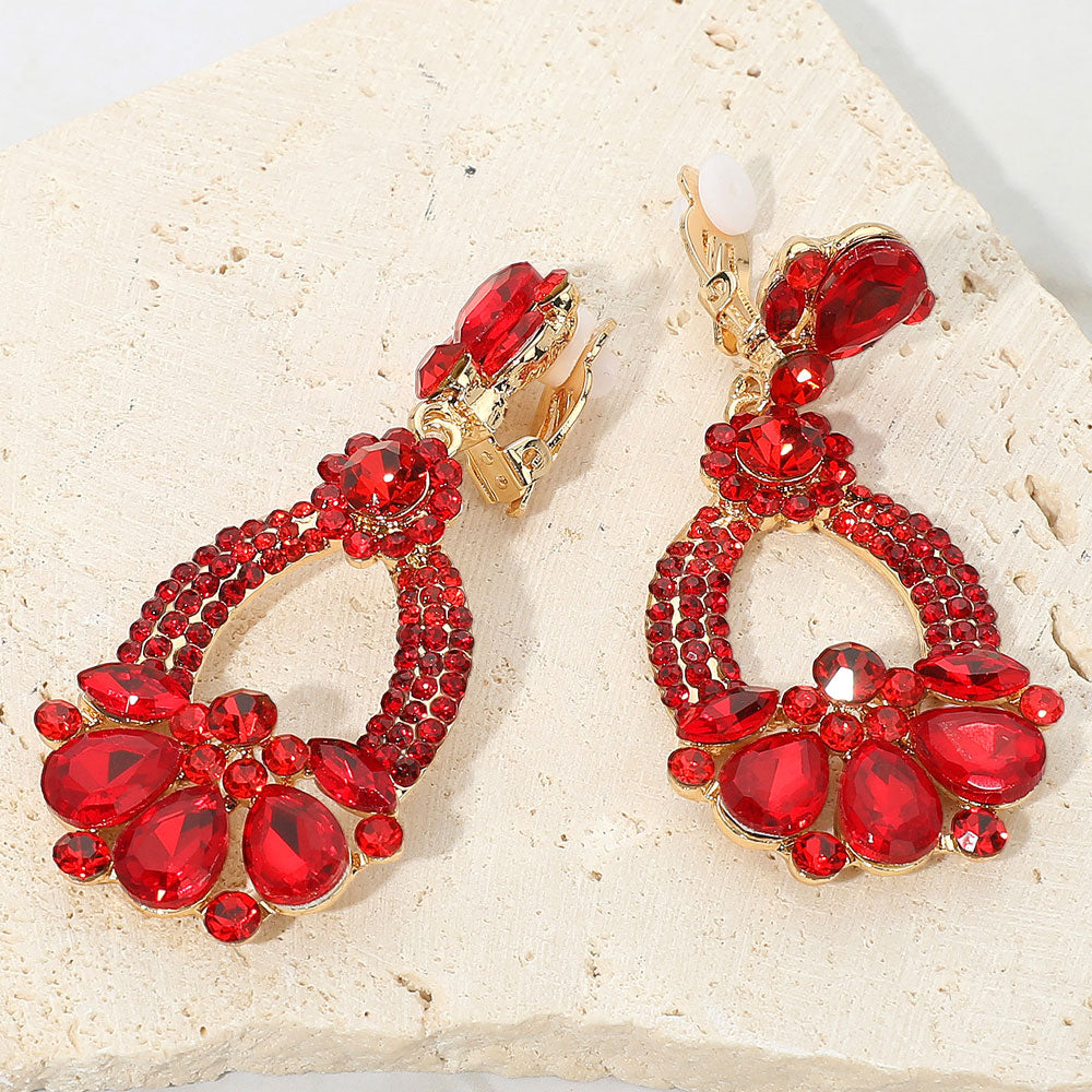 Red Teardrop and Rhinestone Embellished Oval Open Circle Clip On Pageant Earrings | Clip On Red Earrings
