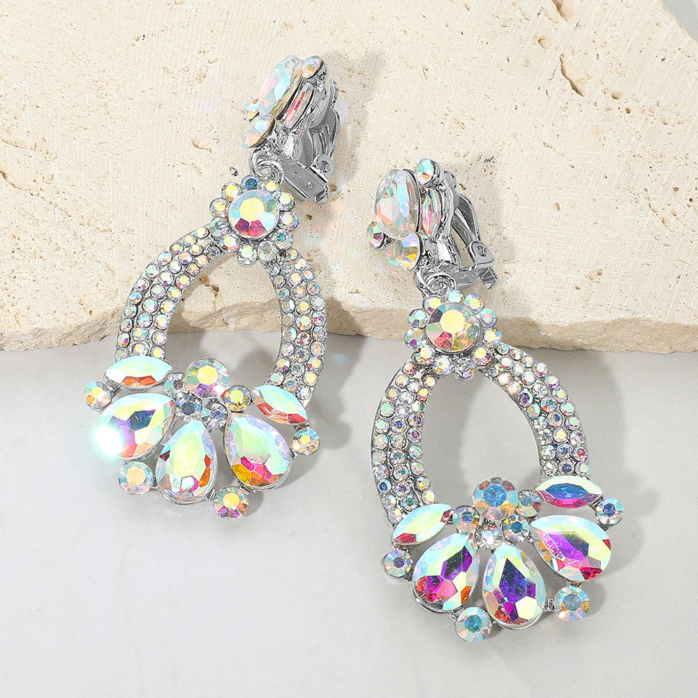 AB Teardrop and Rhinestone Embellished Oval Open Circle Clip On Pageant Earrings | Clip On AB Earrings