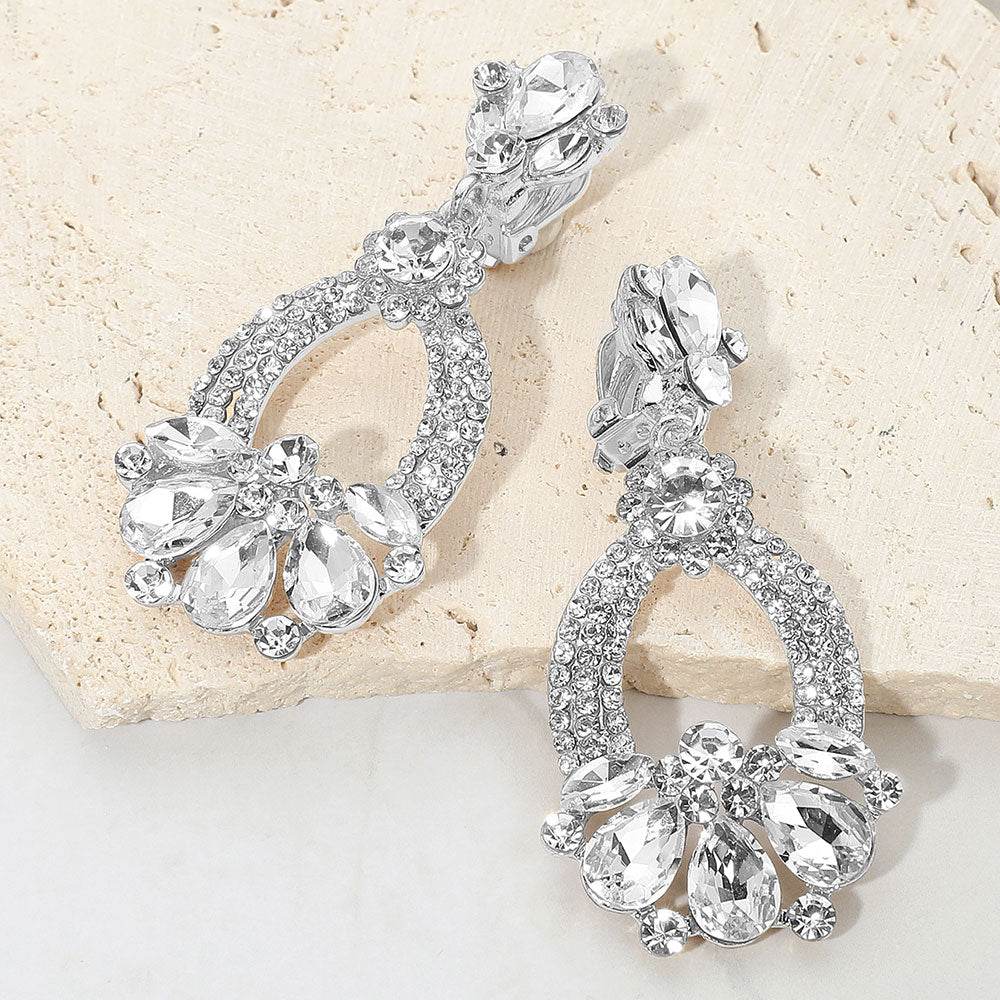 Clear Teardrop and Rhinestone Embellished Oval Open Circle Clip On Pageant Earrings | Clip On Clear Earrings