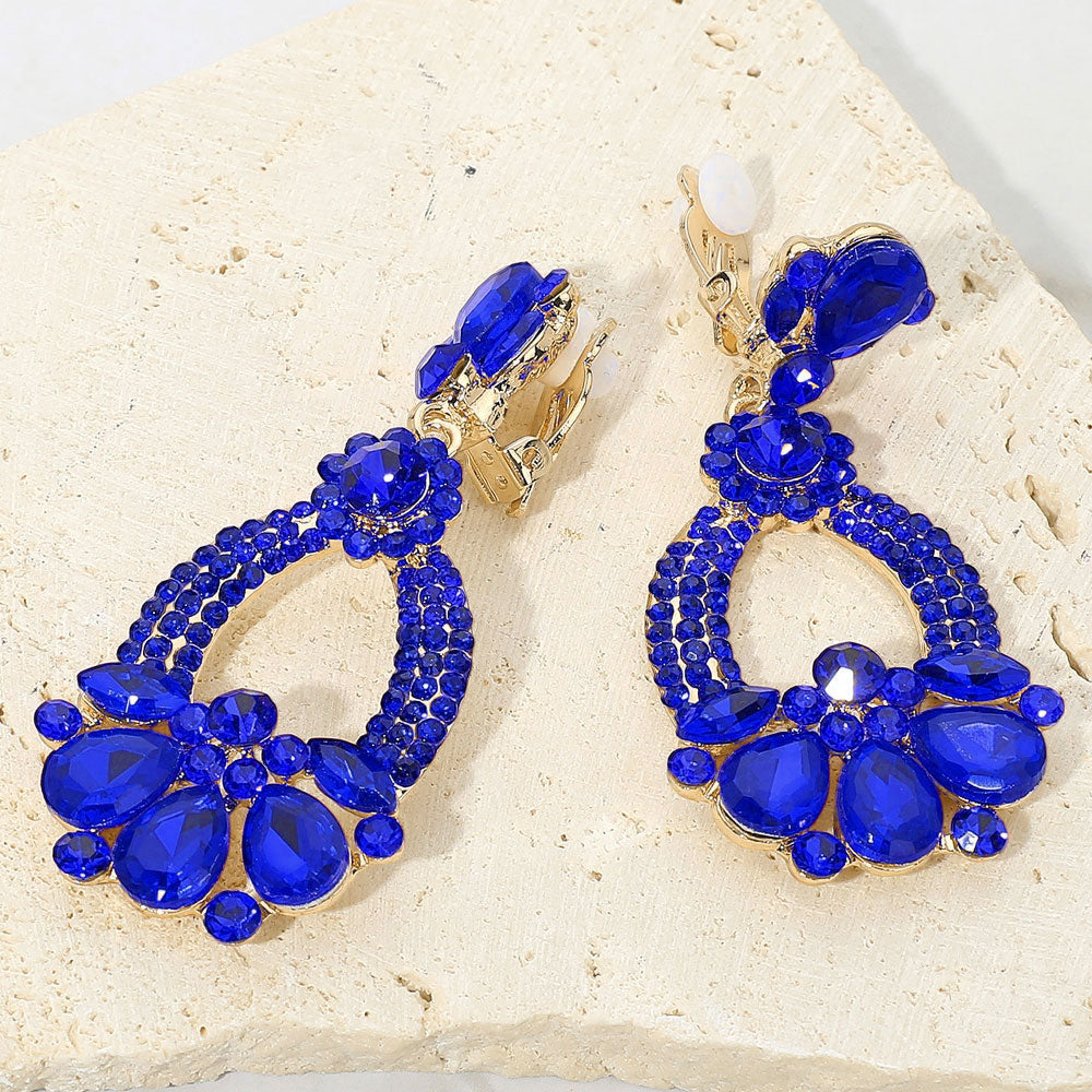 Sapphire Teardrop and Rhinestone Embellished Oval Open Circle Clip On Pageant Earrings | Clip On Blue Earrings