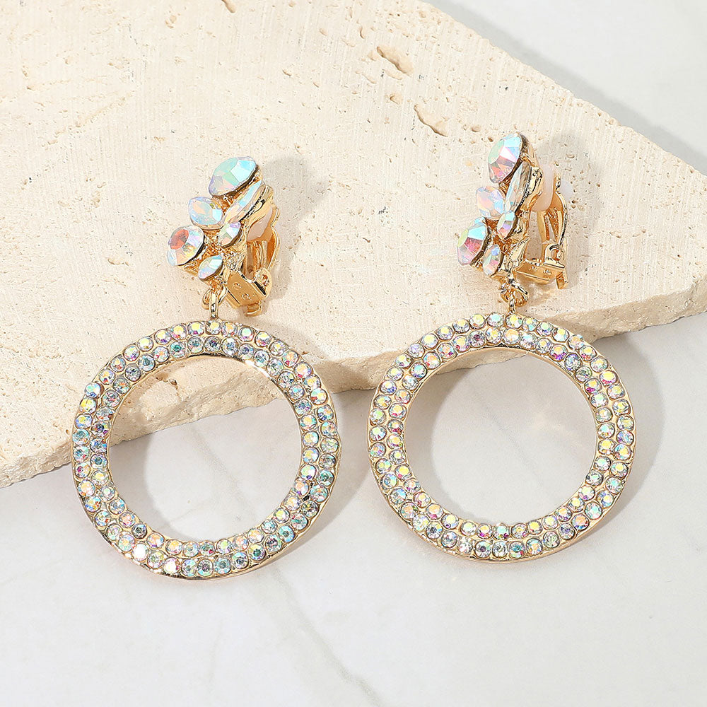 AB Rhinestone Open Circle Clip On Pageant Earrings on Gold | AB on Gold Clip On Earrings
