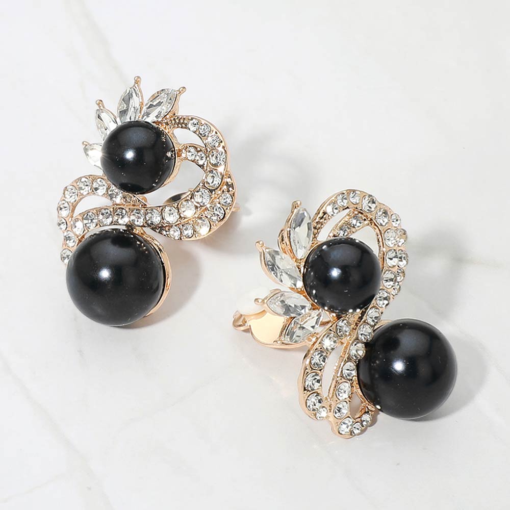 Double Black Pearl Rhinestone Pave Swirl Evening Clip-On Earrings on Gold |  690530