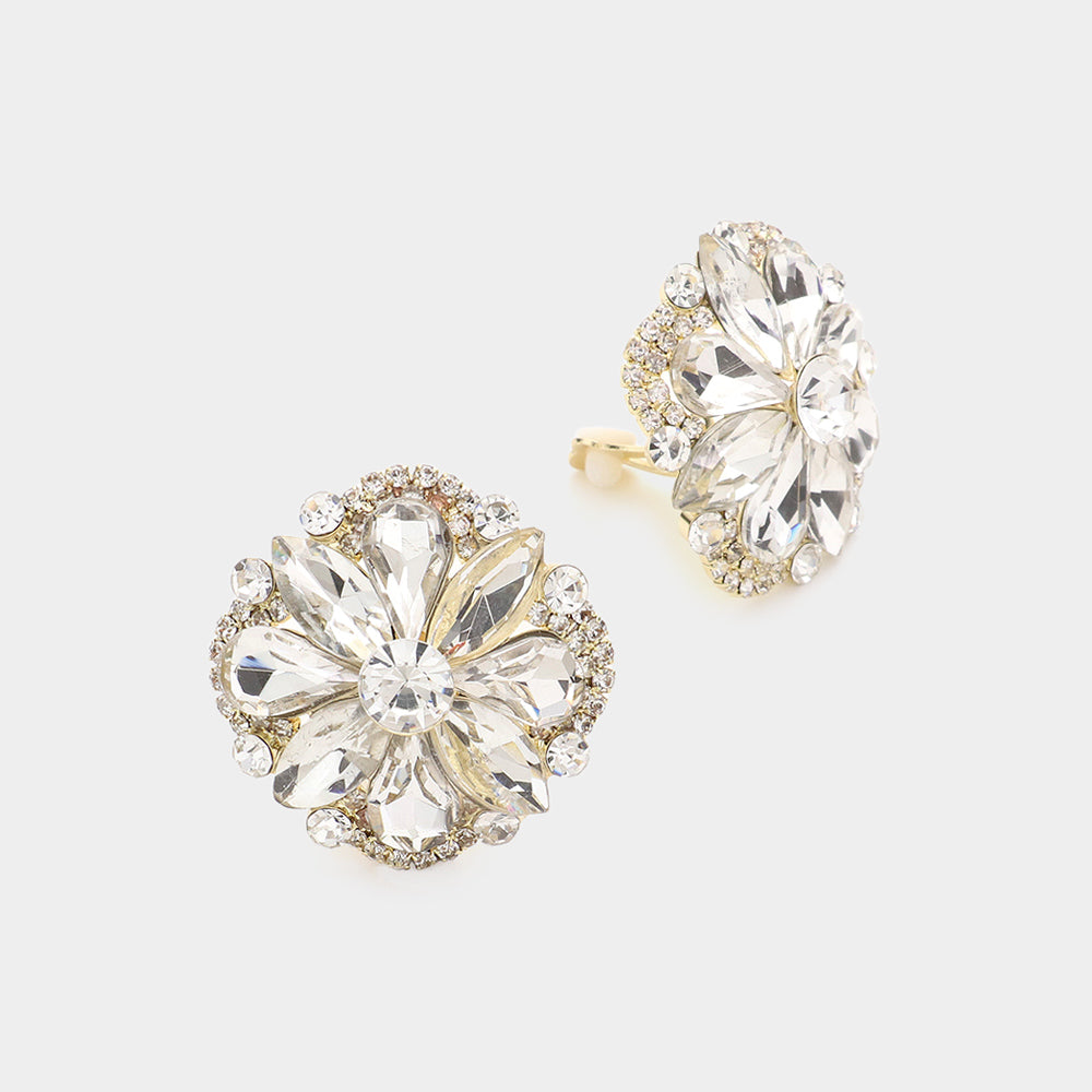 Clear Multi Stone Clip On Stud Interview Earrings on Gold  | Pageant Earrings