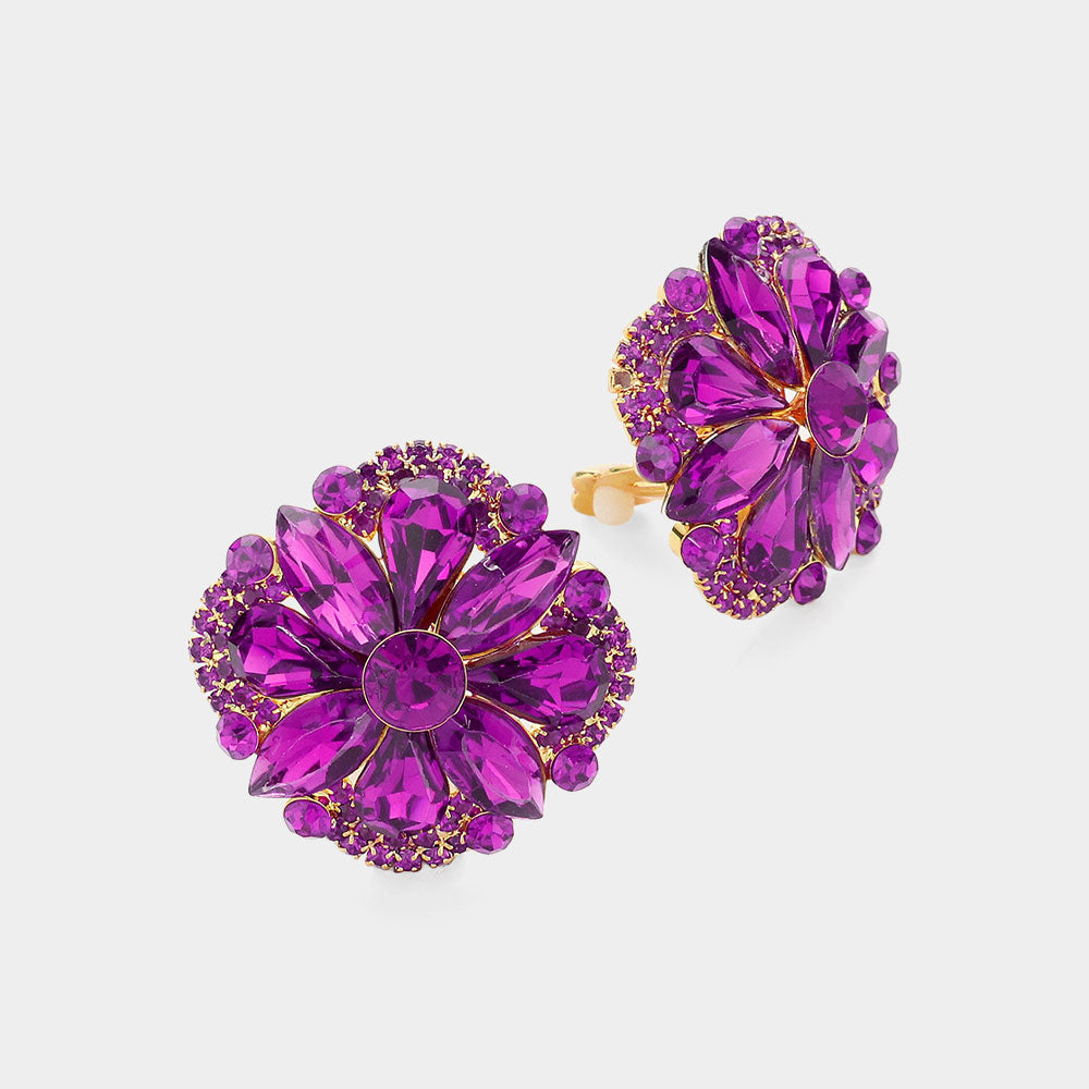 Fuchsia Multi Stone Clip On Stud Interview Earrings | Pageant Earrings