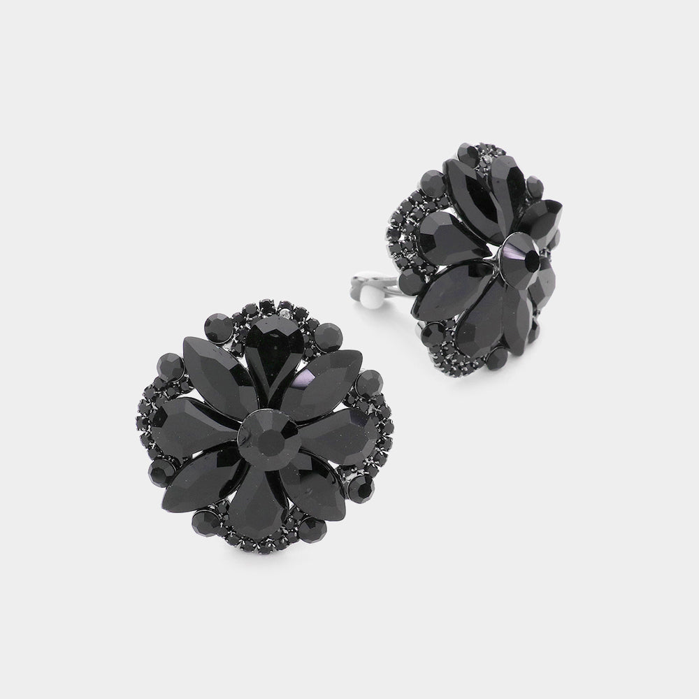Jet Black Multi Stone Clip On Stud Interview Earrings | Pageant Earrings