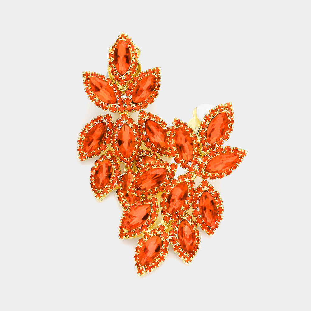 Orange Crystal Rhinestone Oval Cluster Clip On Earrings