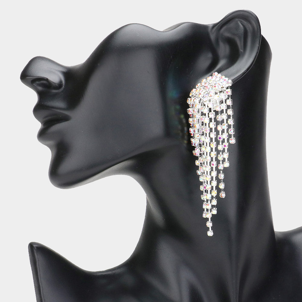 AB Rhinestone Waterfall Fringe Pageant Clip On Earrings | Clip On Prom Earrings