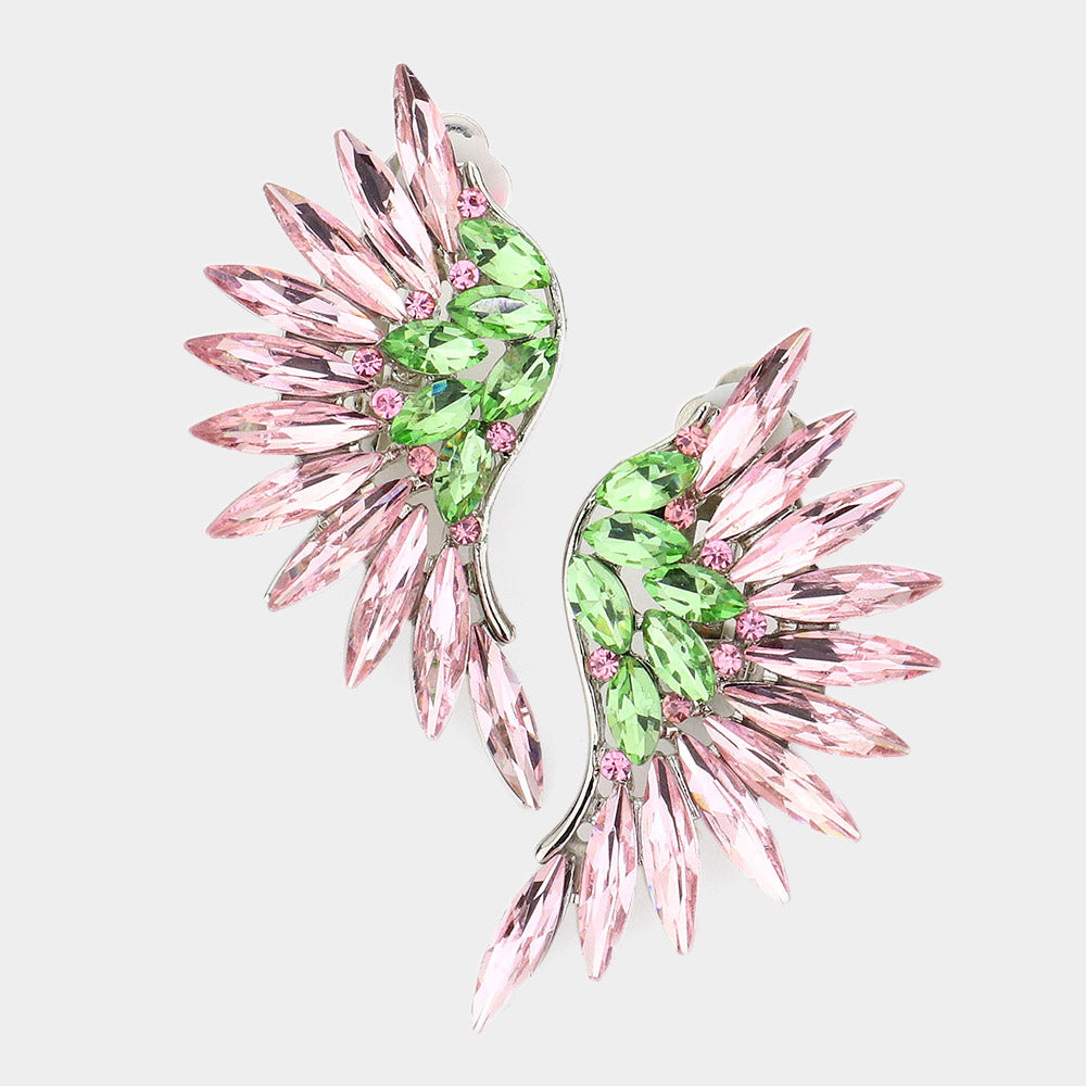 Pink & Green Crystal Marquise Stone Wing Clip On Earrings