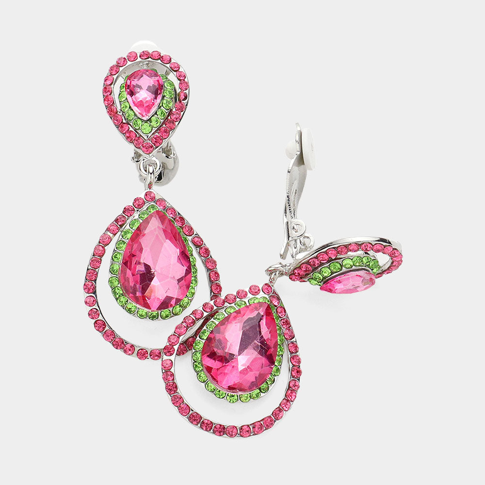 Pink and Green Crystal Surround Clip On Earrings