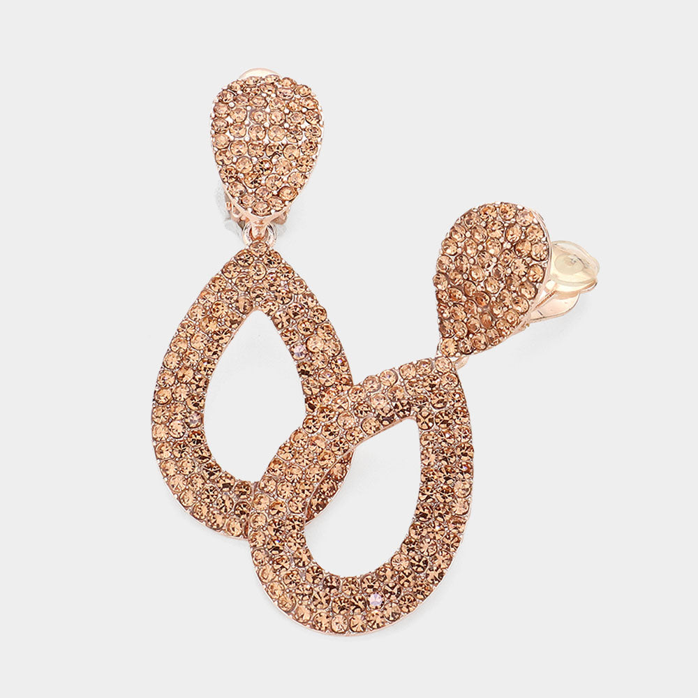 Peach Rhinestone Cut Out Teardrop Clip On Earrings on Rose Gold