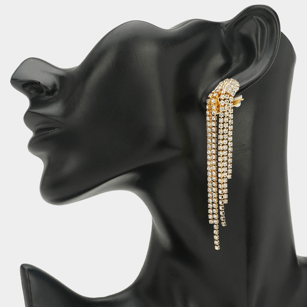 Long Clear Rhinestone Fringe Clip-on Earrings on Gold| Clip-on Pageant Earrings