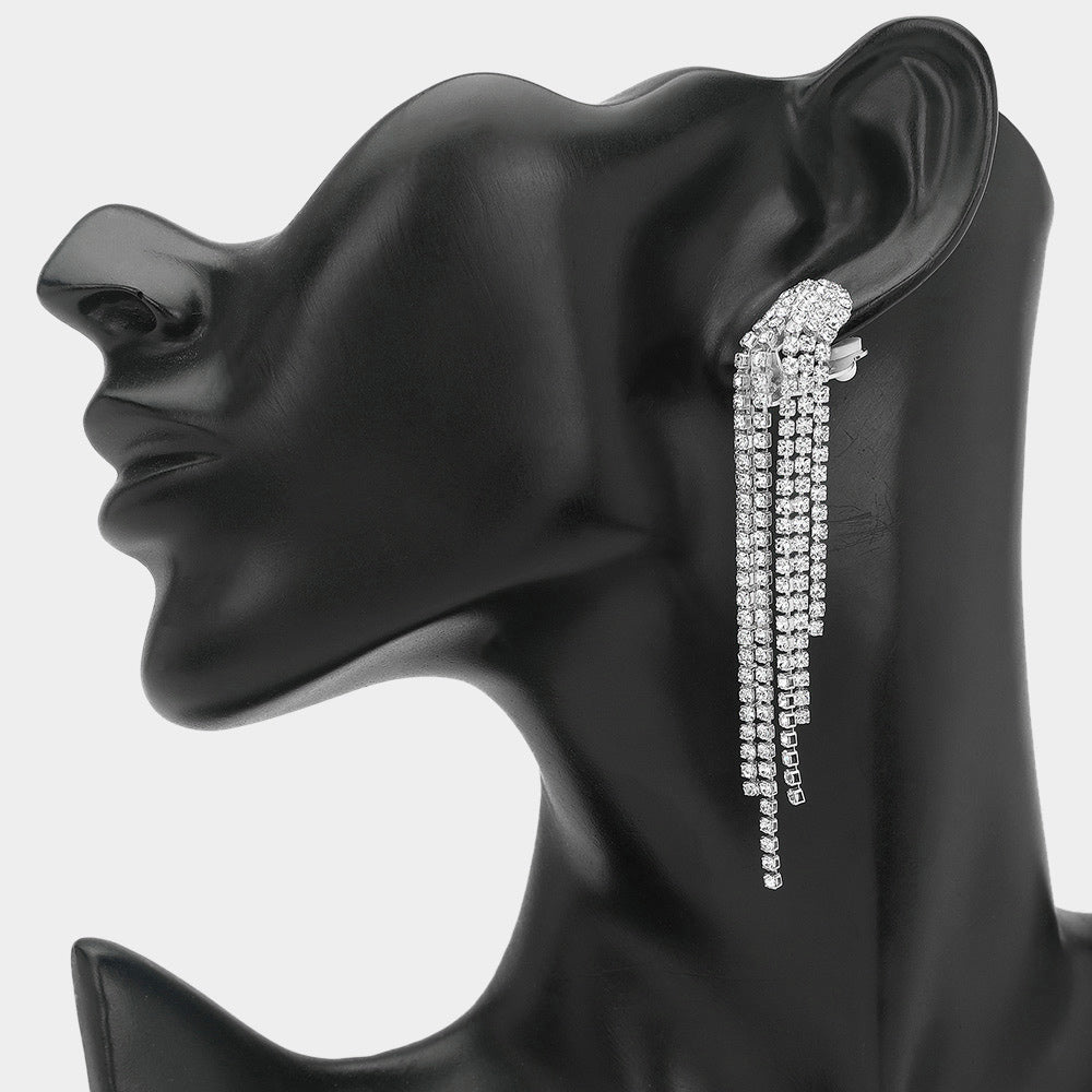 Long Clear Rhinestone Fringe Clip-on Earrings | Clip-on Pageant Earrings