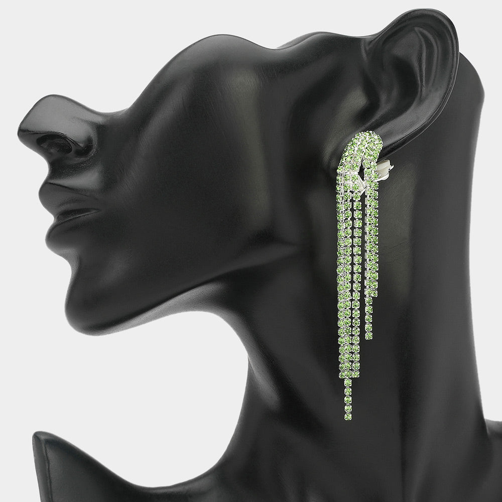 Long Green Rhinestone Fringe Clip-on Earrings | Clip-on Pageant Earrings