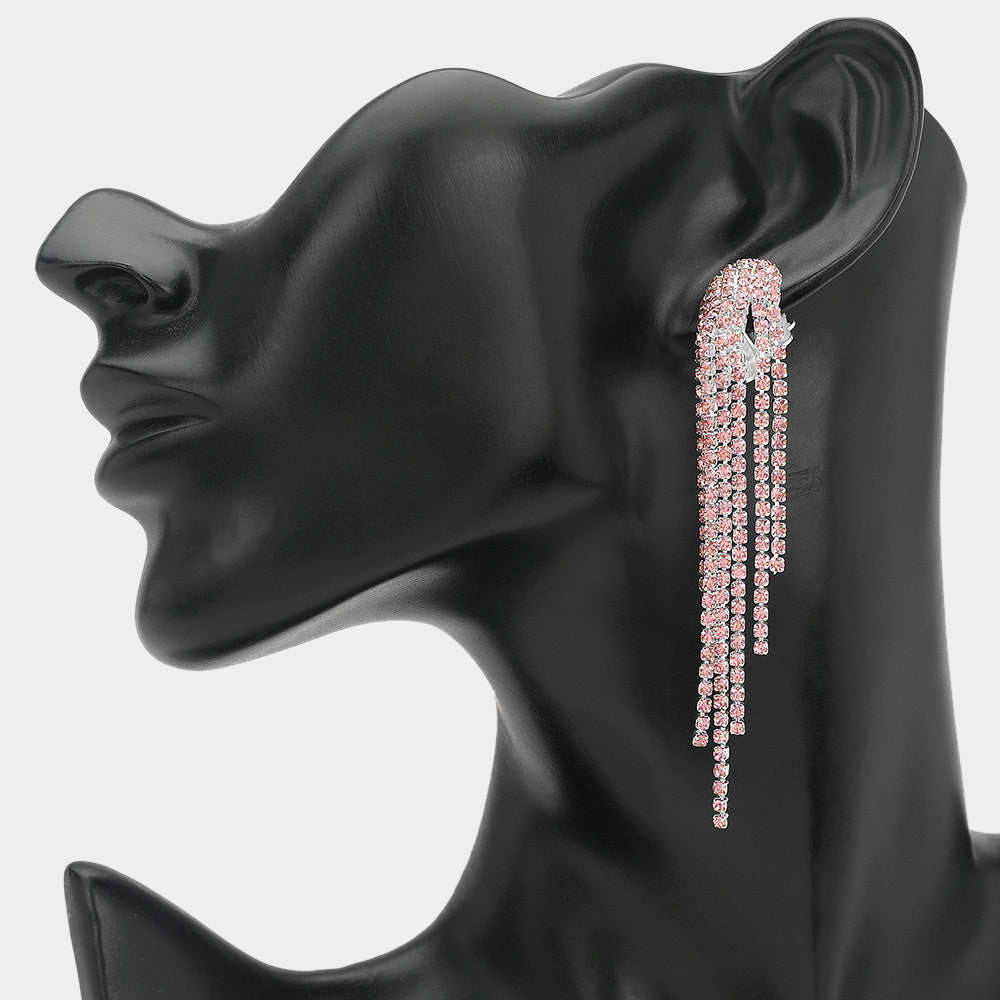Long Light Rose Rhinestone Fringe Clip-on Earrings | Clip-on Pageant Earrings