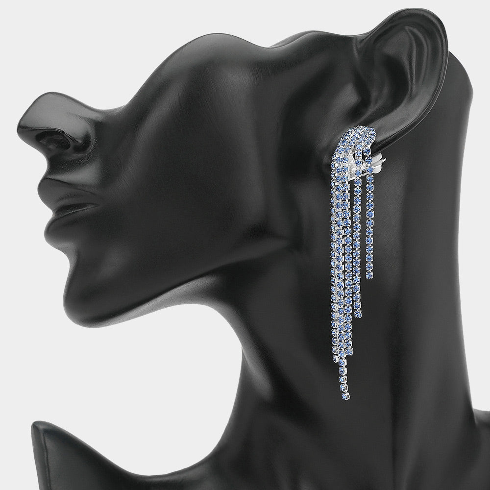 Long Blue Rhinestone Fringe Clip-on Earrings | Clip-on Pageant Earrings