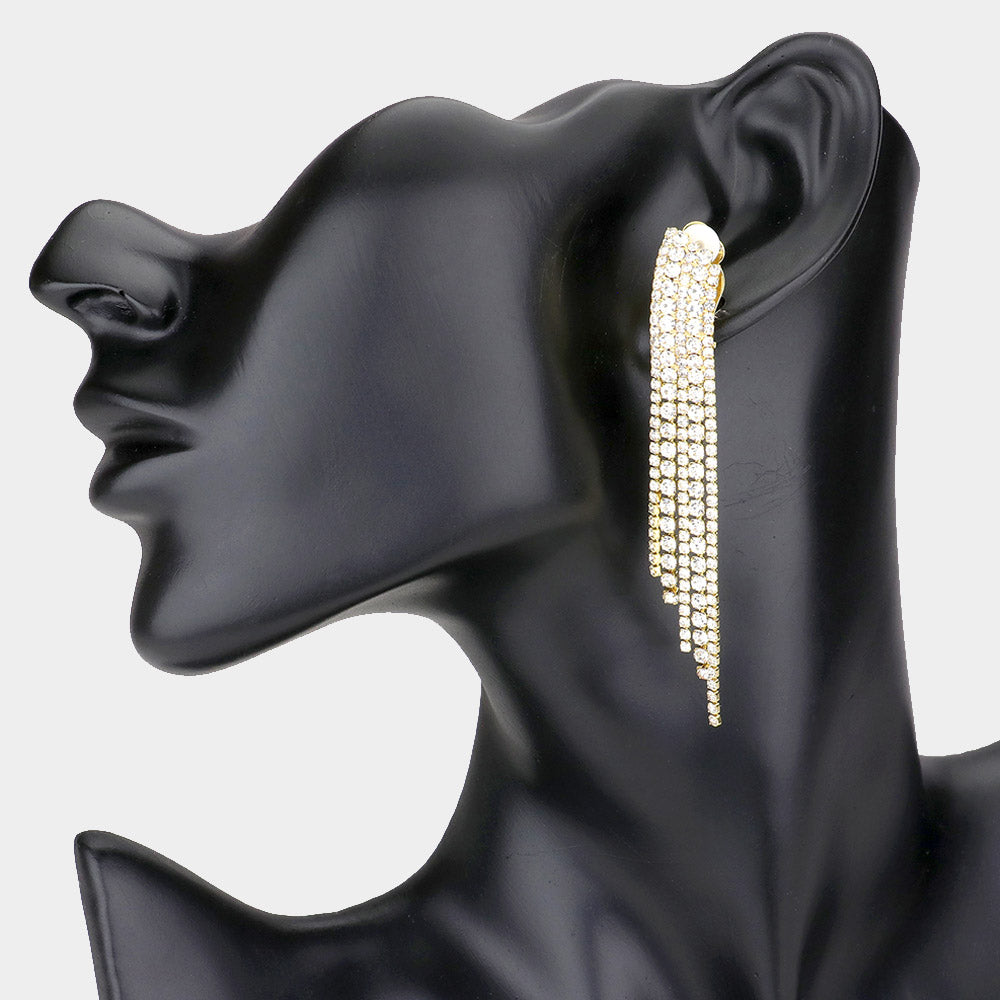 Crystal Rhinestone Fringe Clip On Pageant Earrings on Gold 
