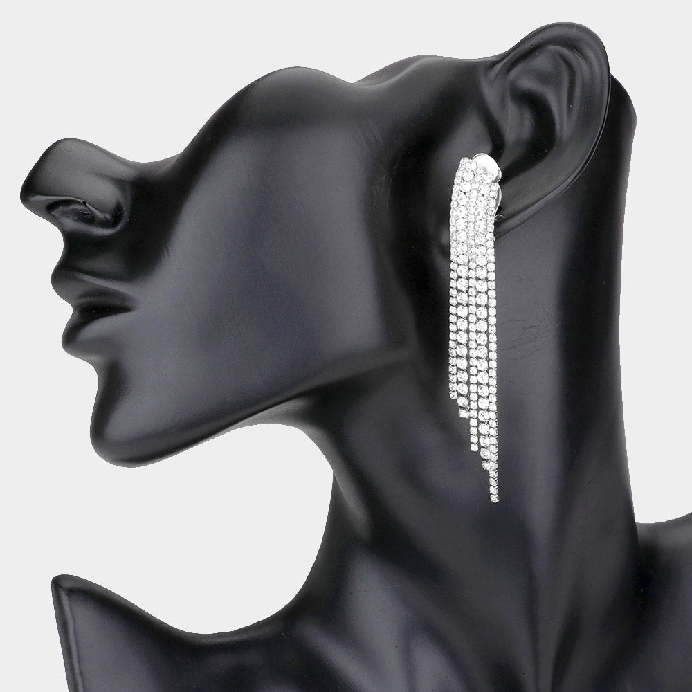 Crystal Rhinestone Fringe Clip On Pageant Earrings  | Prom Clip On Earrings