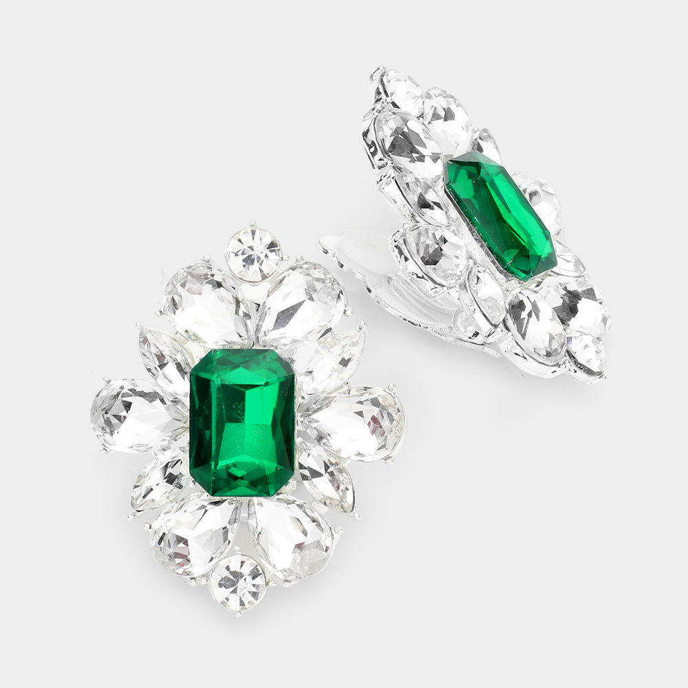 Emerald Multi Stone Clip On Pageant Earrings | Clip On Interview Earrings