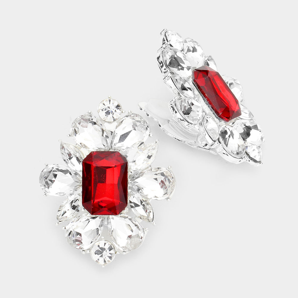 Red Multi Stone Clip On Pageant Earrings | Clip On Interview Earrings