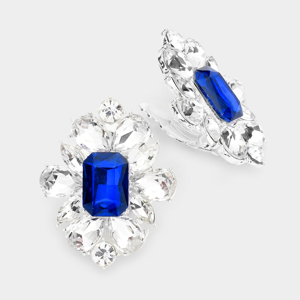 Sapphire Multi Stone Clip On Pageant Earrings | Clip On Interview Earrings