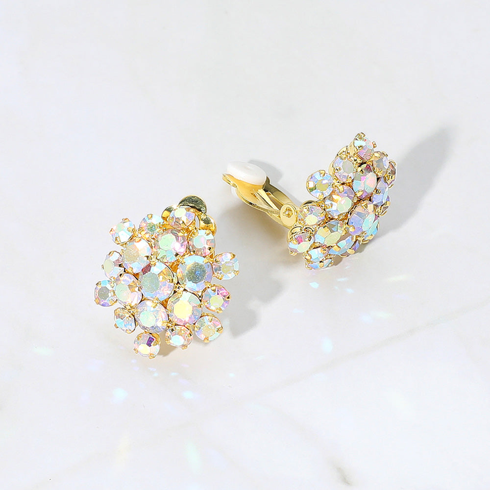 AB Rhinestone Cluster Flower Clip On Pageant Earrings on Gold | Clip On Evening Earrings