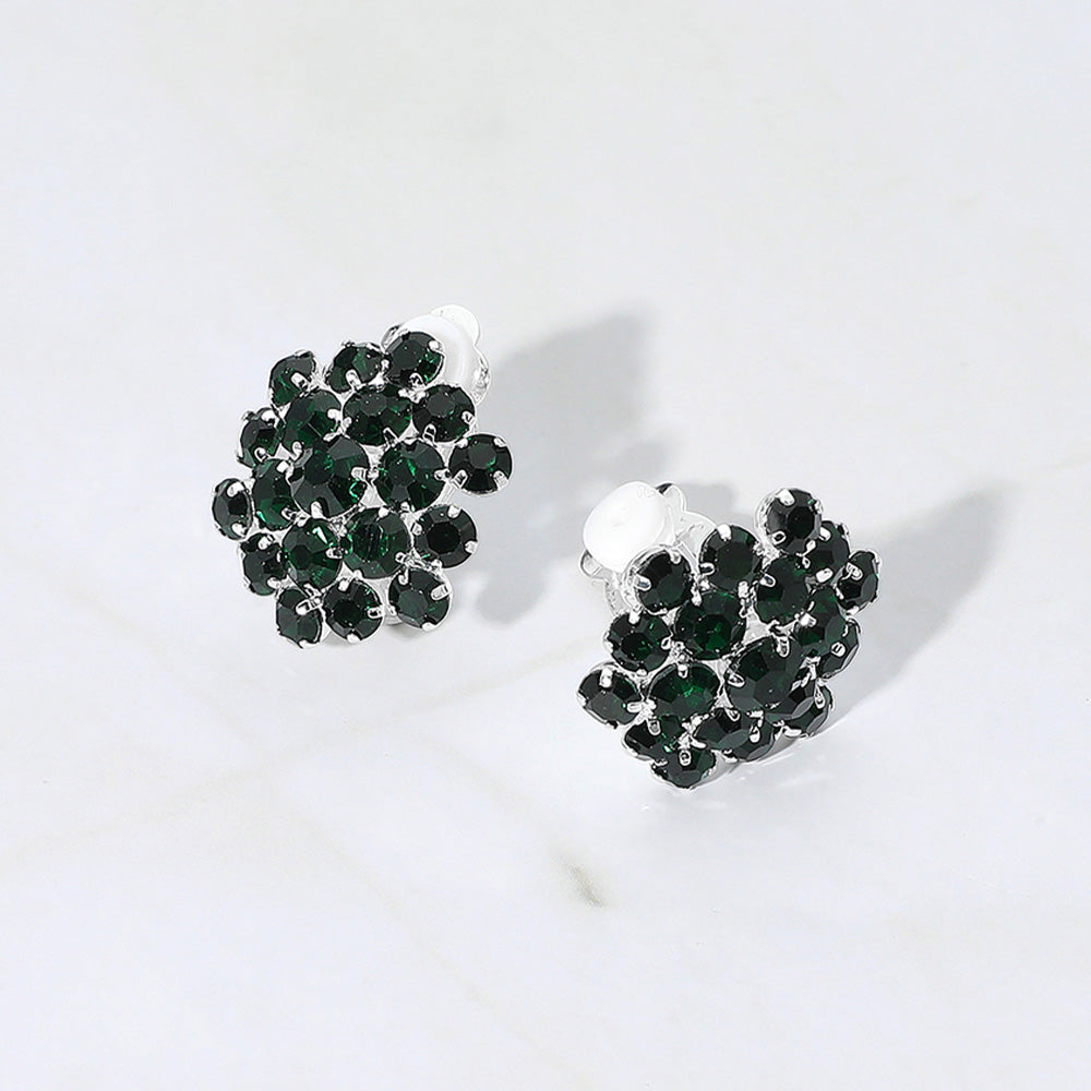 Emerald Rhinestone Cluster Flower Clip On Pageant Earrings | Clip On Evening Earrings