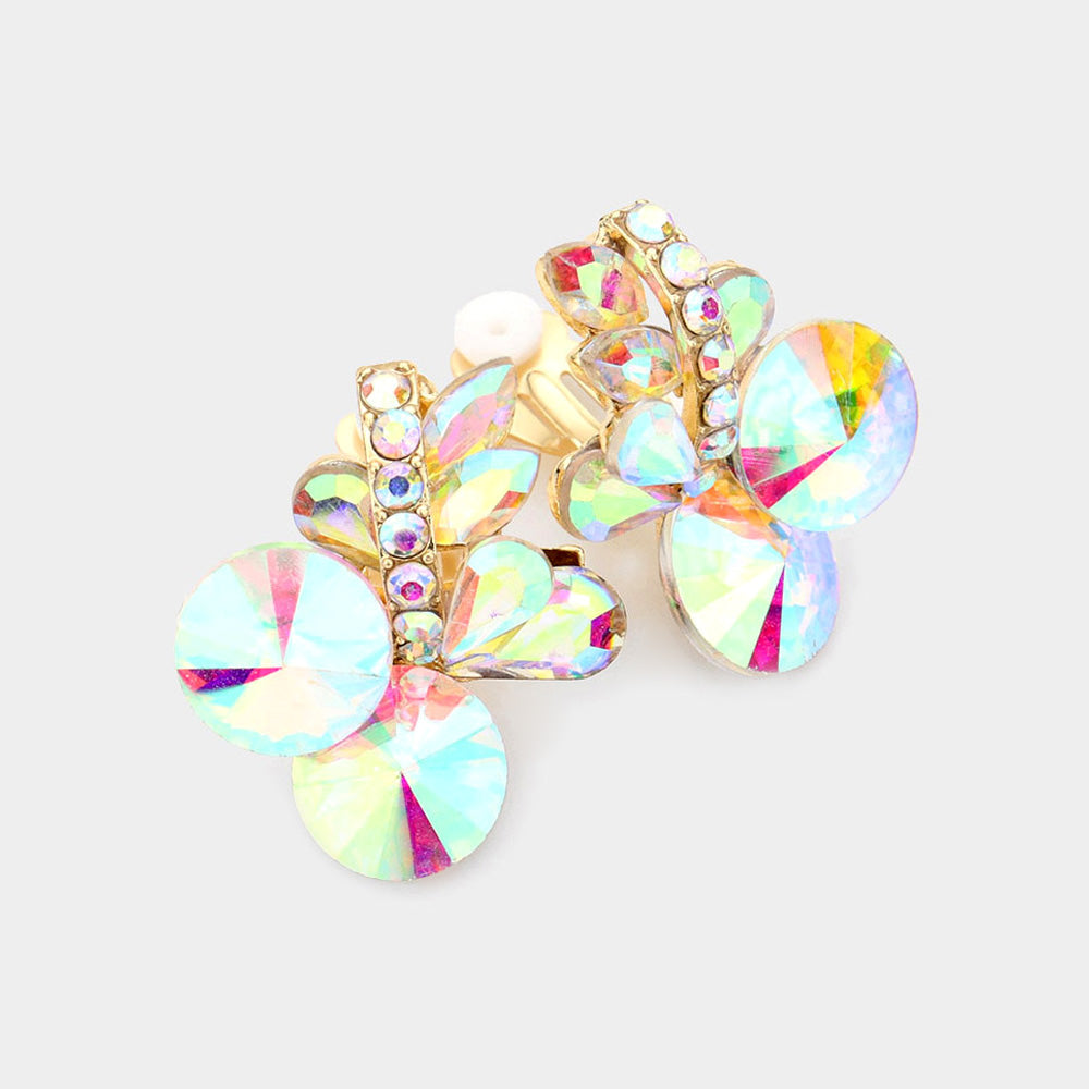 Multi Stone AB Cluster Clip On Earrings on Gold | Interview Earrings
