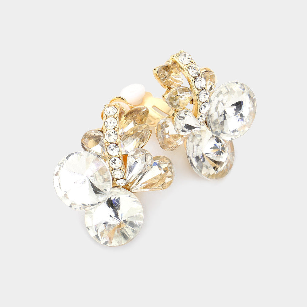 Multi Stone Clear Cluster Clip On Earrings on Gold | Interview Earrings 
