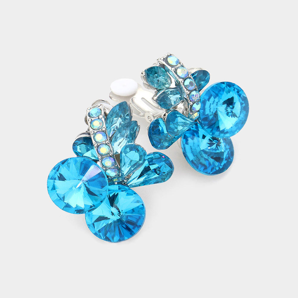 Multi Stone Aqua Cluster Clip On Earrings | Interview Earrings 