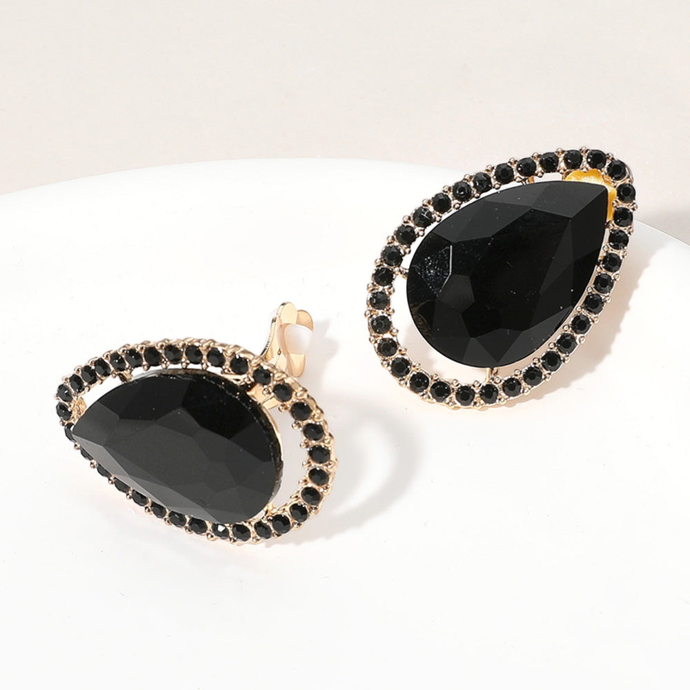 Jet Black Teardrop Stone with Black Rhinestone Trim Clip On Pageant Earrings on Gold