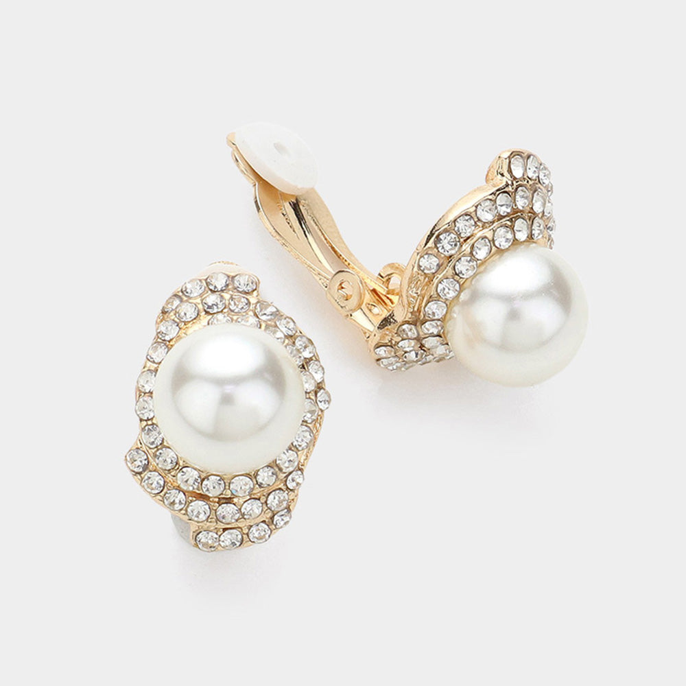 Rhinestone and Cream Pearl Centered Clip On Earrings on Gold | Bridal Jewelry