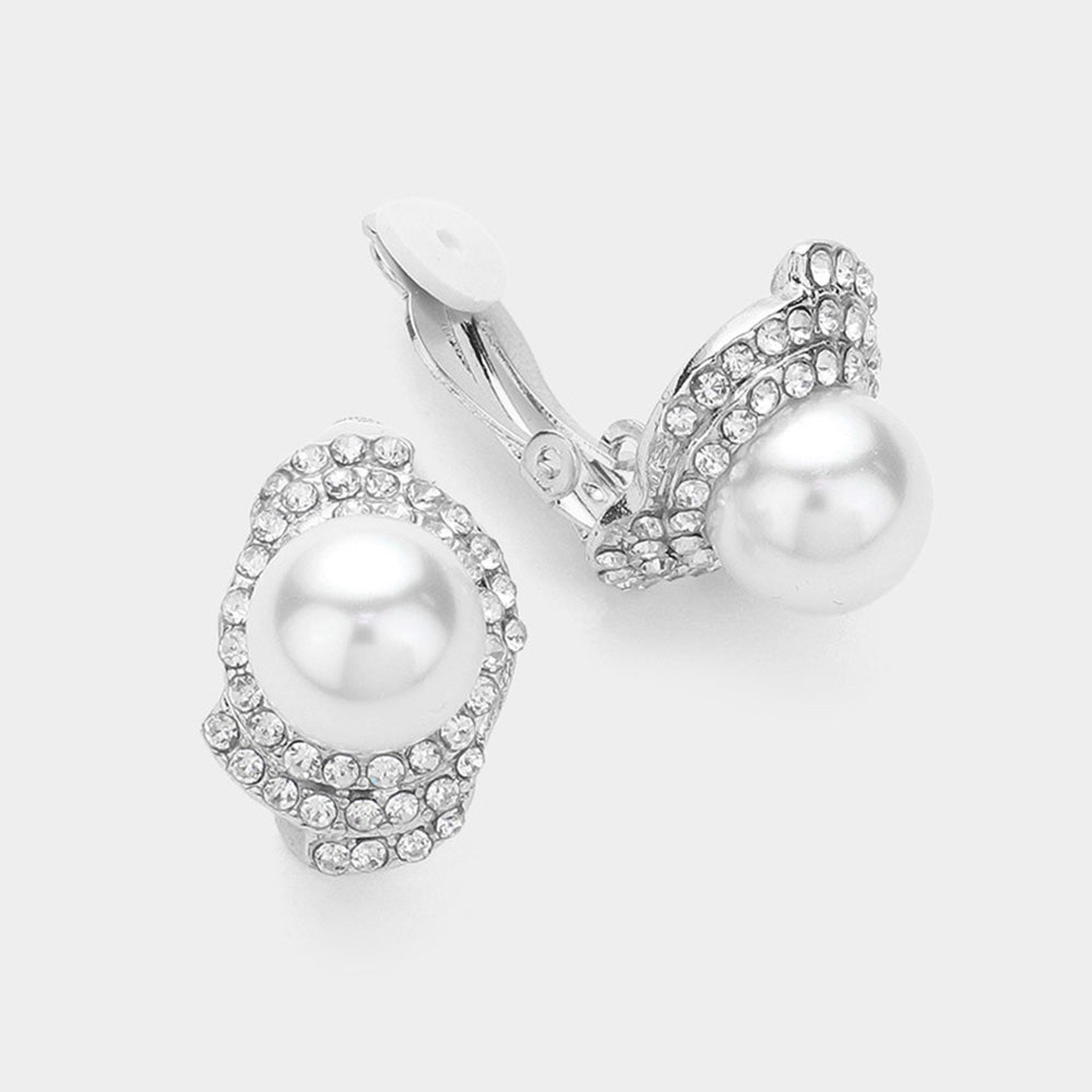 Rhinestone and White Pearl Centered Clip On Earrings | Bridal Jewelry