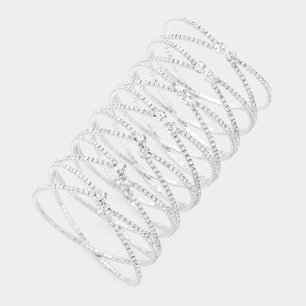 Clear Round Stone Long Crisscross Cuff Pageant Bracelet on Silver